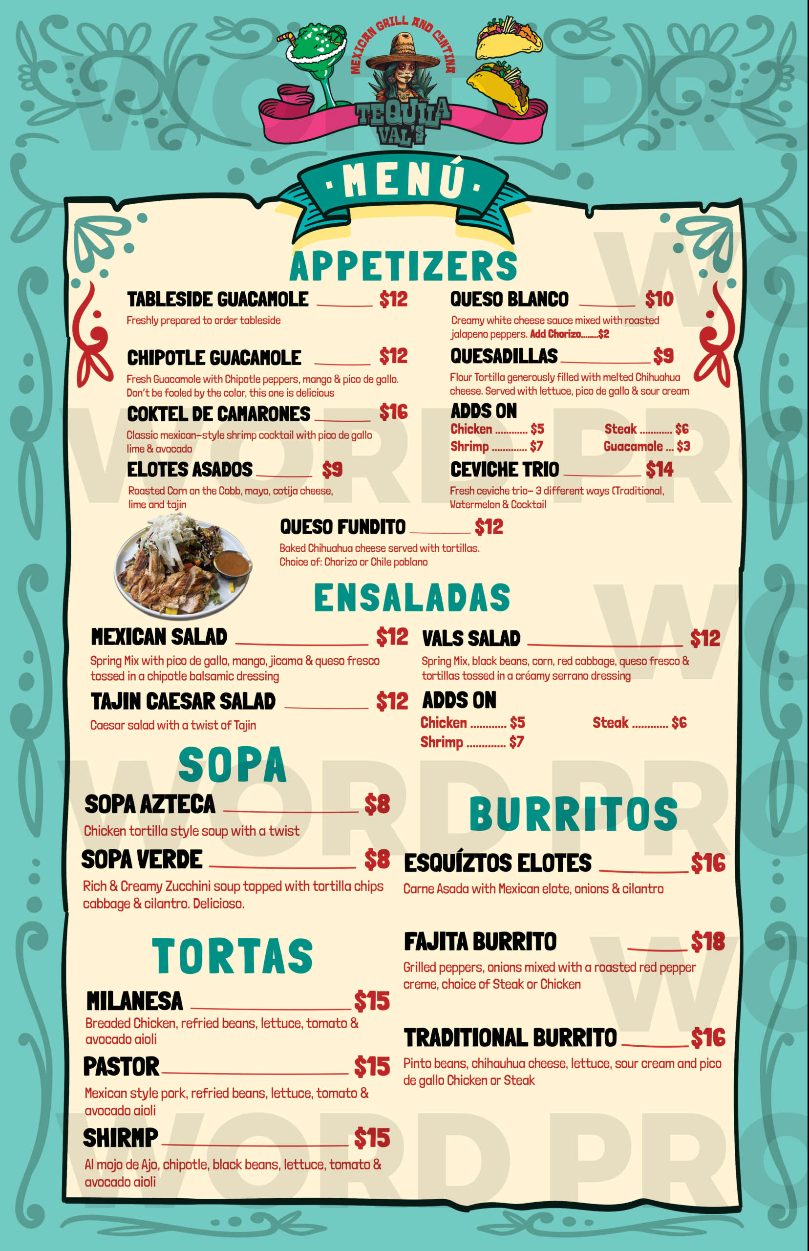 Tequila Val's Menu - First Page